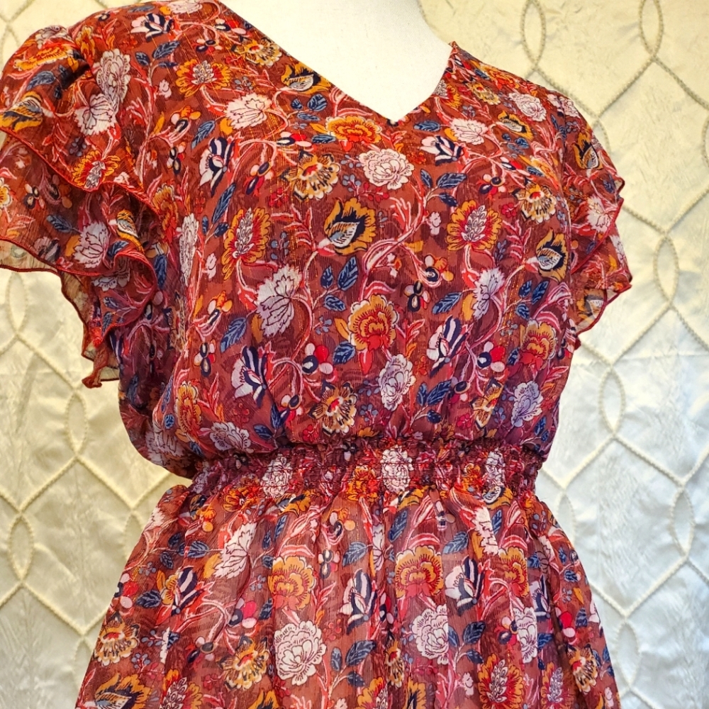 NWT Floral Flutter Sleeve Blouse with Smock Waist
